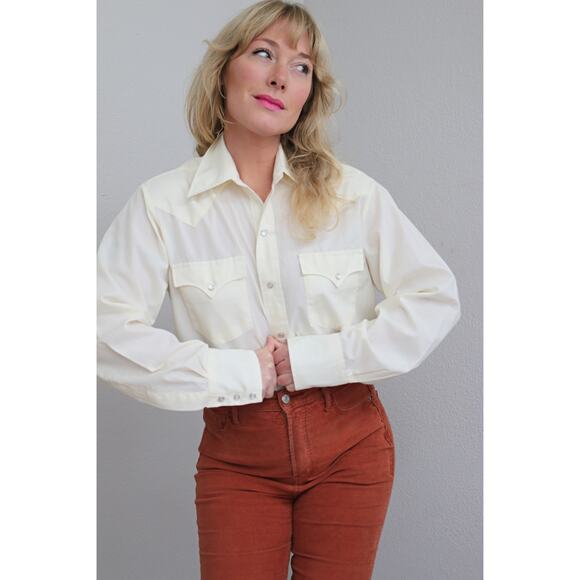 1970's Vintage Western Cream Pearl Snap Shirt ~ Women's MD LG ~ Men's SM MD 70's - Picture 3 of 8